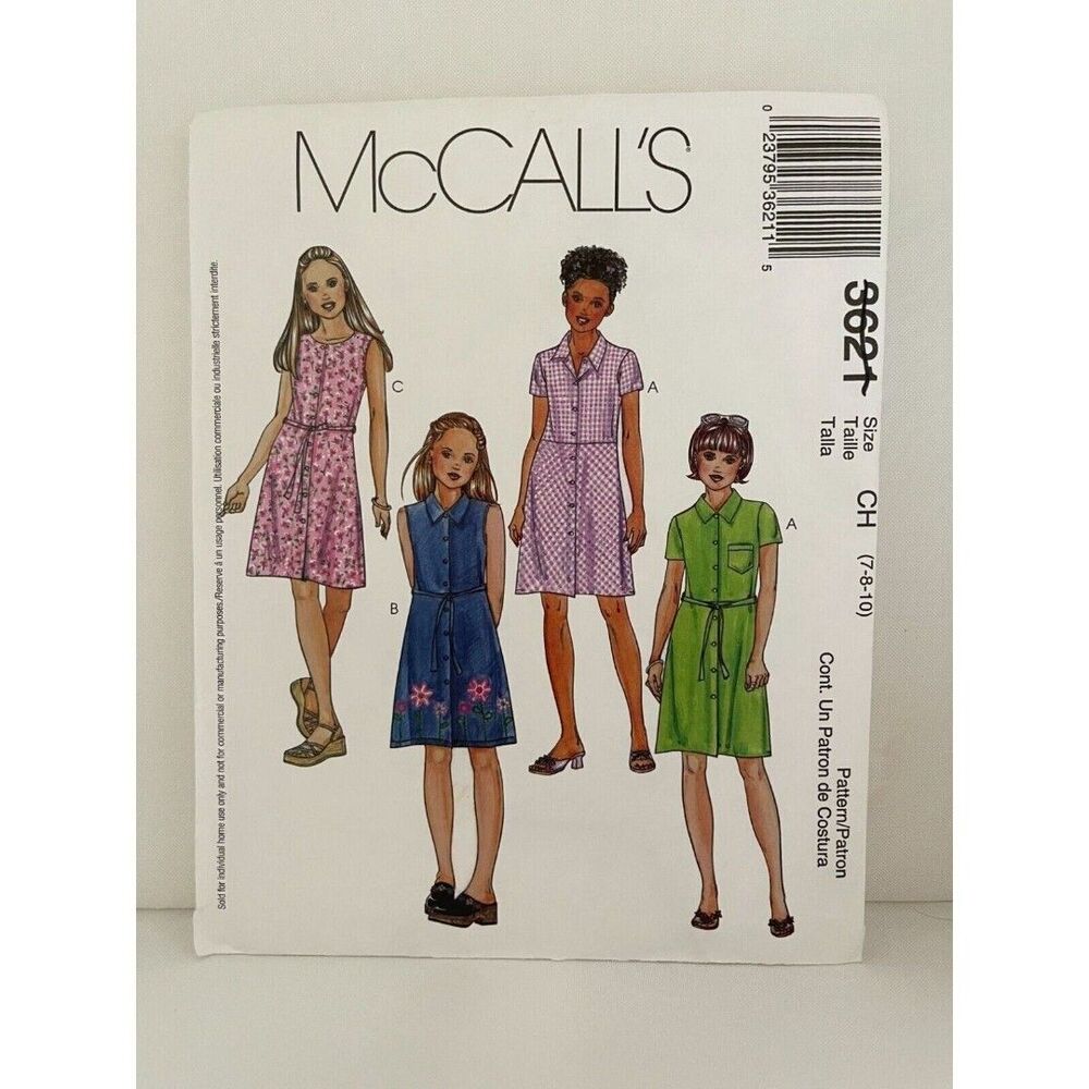 #3621 McCalls Girls Shirt Dress and Tie Belt Sewing Pattern